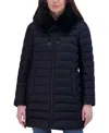 Tahari Women's Faux-fur-trim Hooded Packable Shine Puffer Coat In Stargazer