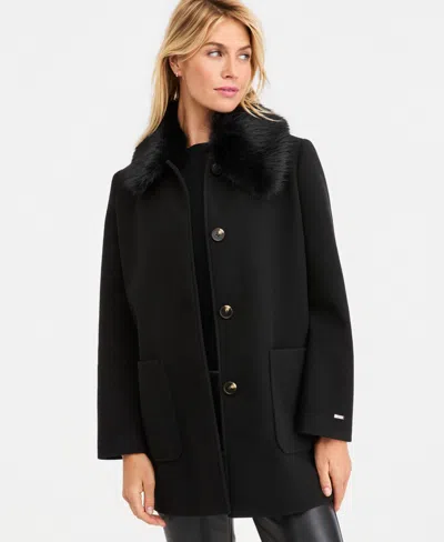 Tahari Women's Faux-fur-collar Car Coat, Created For Macy's In Black