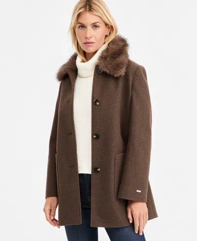 Tahari Women's Faux-fur-collar Car Coat, Created For Macy's In Brown