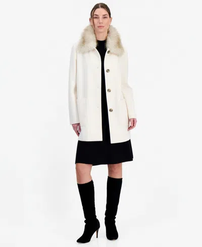 Tahari Women's Faux-fur-collar Car Coat, Created For Macy's In White