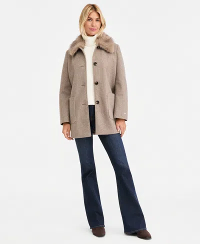 Tahari Women's Faux-fur-collar Car Coat, Created For Macy's In Brown