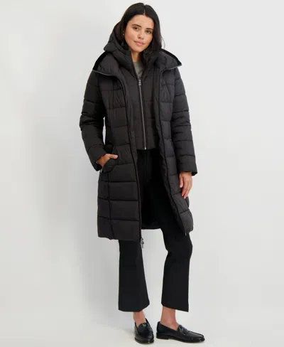 Tahari Women's Hooded Bibbed Puffer Coat In Black