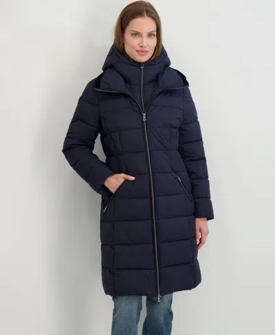 Tahari Women's Hooded Bibbed Puffer Coat In Blue