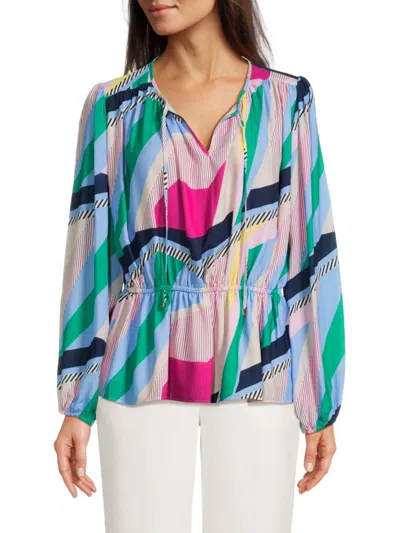 Tahari Women's Kaleidosco Pleated Peplum Top In Blue Multi
