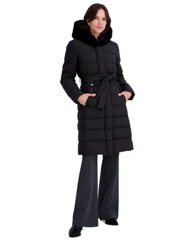 Tahari Women's Long Belted Faux-fur Hooded Puffer Coat In Black