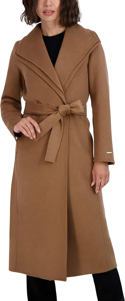 Tahari Women's Maxi Double Face Wool Blend Wrap Coat, Camel, X-large In Brown