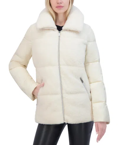 Tahari Women's Mixed-media Stand-collar Puffer Coat In Cream