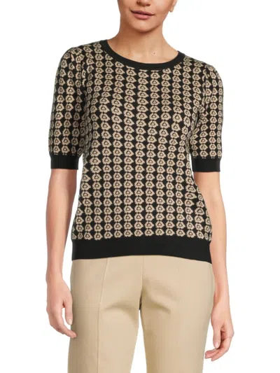 Tahari Womens Printed Ribbed Knit Pullover Sweater In Toasted Almond Black