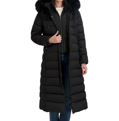 Tahari Womens Maxi Shine Bibbed Faux-fur-trimmed Hooded Puffer Coat In Black