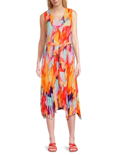 Tahari Women's Pleated V-neck Trapeze Midi Dress