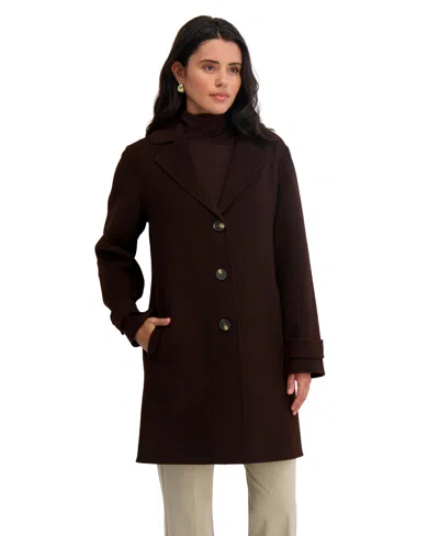 TAHARI TAHARI WOMEN'S RELAX FIT DOUBLE-FACED SOFT WOOL TOPPER COAT WITH FRONT BUTTONS, CHOCOLATE