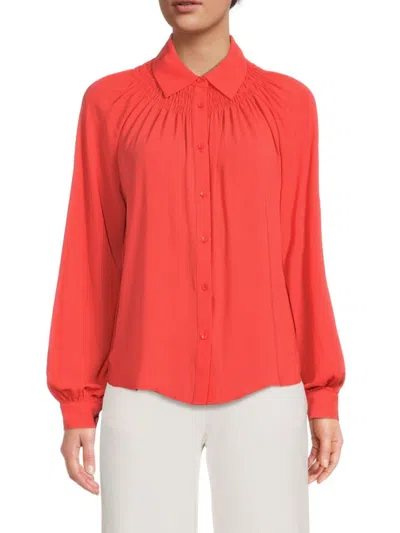 Tahari Women's Sheer Smocked Button Down Shirt In Coral Orange