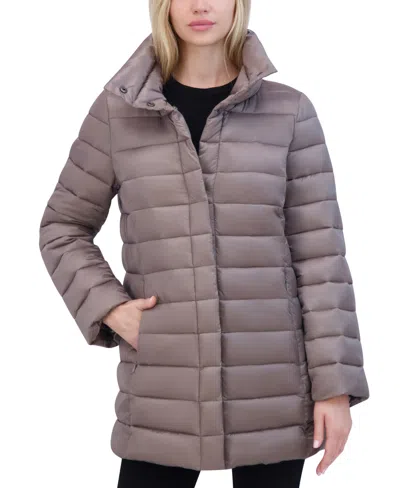 Tahari Women's Shine Collared Packable Puffer Coat In Pewter