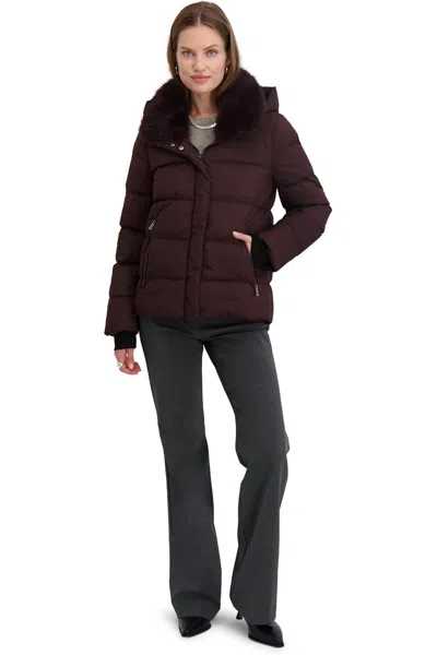 Tahari Women's Short Quilted Puffer Jacket With Faux Fur Collar & Detachable Hood In Red