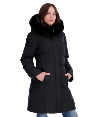 Tahari Women's Velvet Bibbed Faux-fur Hooded Puffer Coat In Black