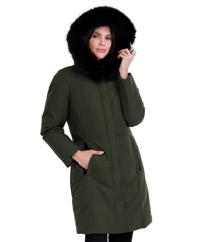 Tahari Women's Velvet Bibbed Faux-fur Hooded Puffer Coat In Green