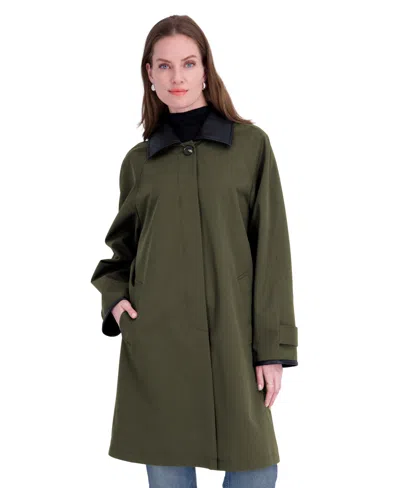 Tahari Women's Water-resistant Faux-leather Collared Balmacaan Coat In Green