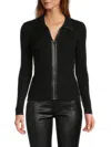 Tahari Women's Zip-up Faux Leather-trim Cardigan In Black
