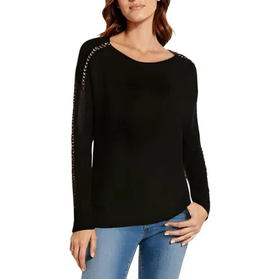 Tahari Womens Chain Ribbed Knit Pullover Sweater In Black
