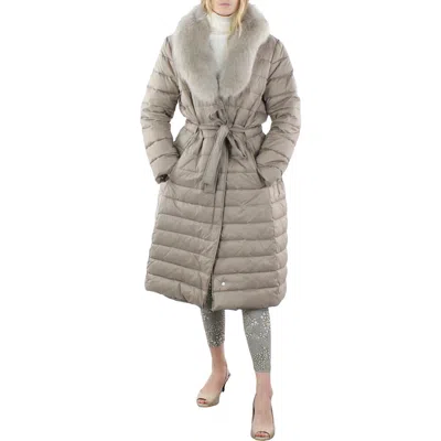 Tahari Womens Faux Fur Trim Cold Weather Quilted Coat In Neutral