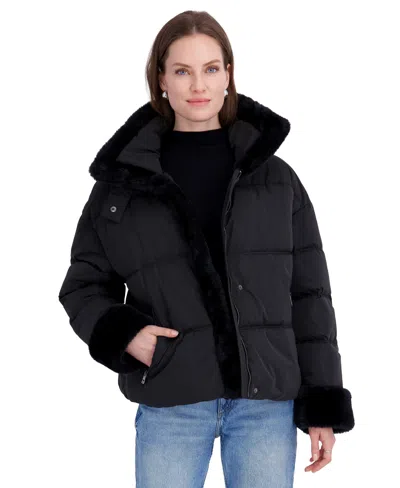 Tahari Womens Sherpa Cuff And Collar Puffer Coat In Black