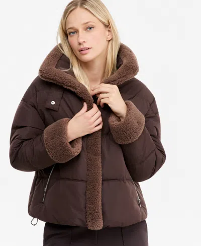Tahari Womens Sherpa Cuff And Collar Puffer Coat In Multi