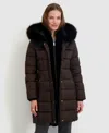 Tahari Womens Velvet Bibbed Faux-fur Hooded Puffer Coat In Brown