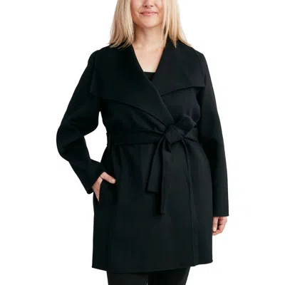 Tahari Womens Wool Blend Tie Belt Wrap Coat In Black