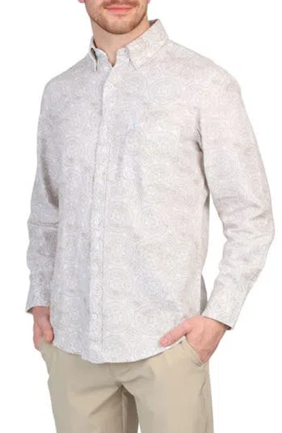Tailorbyrd Batik Print Linen Blend Button-down Shirt In Dove White