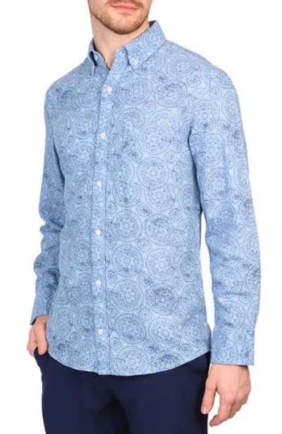 Tailorbyrd Batik Print Linen Blend Button-down Shirt In Light Blue