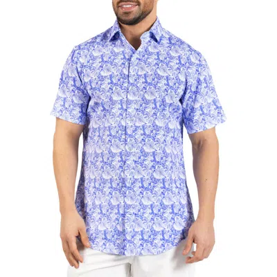 Tailorbyrd Distressed Hawaiian Leaves Short Sleeve Button-up Shirt In Purple