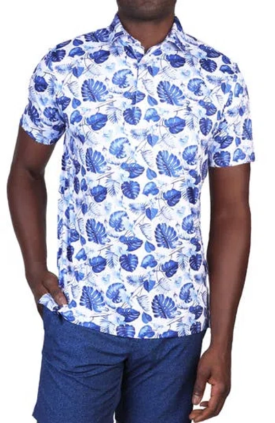Tailorbyrd Floral Leaves Performance Polo In Blue
