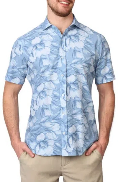 Tailorbyrd Floral Print Seersucker Short Sleeve Shirt In Blue