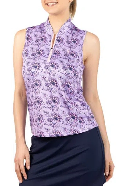 Tailorbyrd Floral Print Sleeveless Quarter Zip Polo In Purple