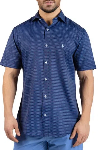 Tailorbyrd Geometric Floral Performance Short Sleeve Button-up Shirt In Blue