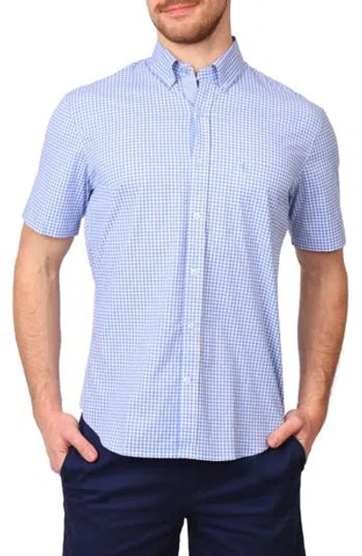 Tailorbyrd Gingham Short Sleeve Stretch Cotton Button-up Shirt In Light Blue