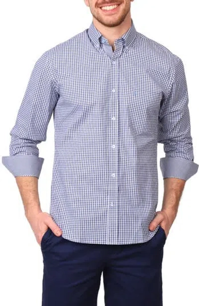 Tailorbyrd Gingham Stretch Cotton Button-up Shirt In Navy