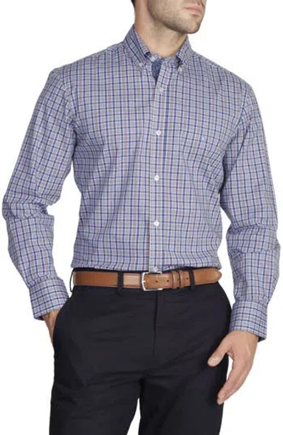 Tailorbyrd Grey Check Long Sleeve Cotton Stretch Button Down Shirt In Blue/grey