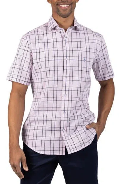Tailorbyrd Large Check Yarn Dyed Short Sleeve Linen & Cotton Blend Button-up Shirt In Pink