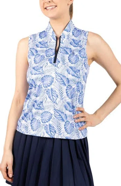 Tailorbyrd Leaves Print Sleeveless Quarter Zip Polo In Blue