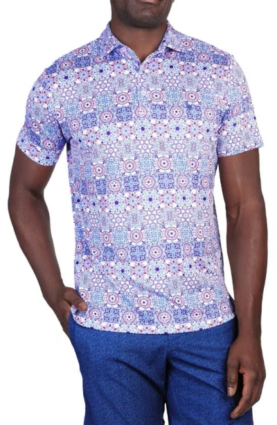 Tailorbyrd Medallion Print Performance Polo In Blue/ White Dove
