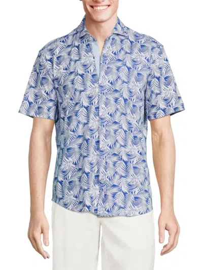 Tailorbyrd Men's Short Sleeve Palm Leaf Button Down Shirt In Admiral Blue