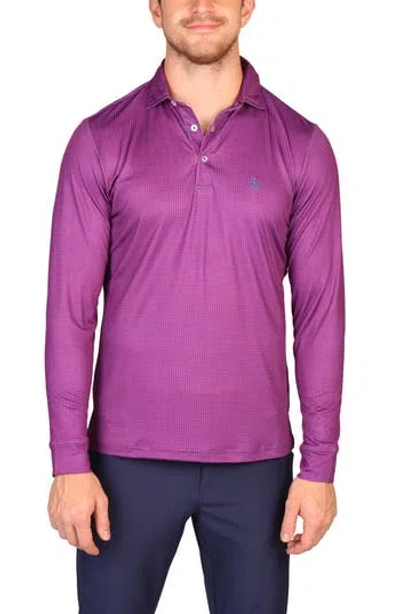 Tailorbyrd Mini Houndstooth Print Long Sleeve Performance Polo In Purple