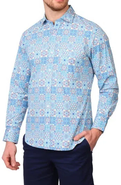 Tailorbyrd Mosaic Stretch Cotton Button-up Shirt In True Blue
