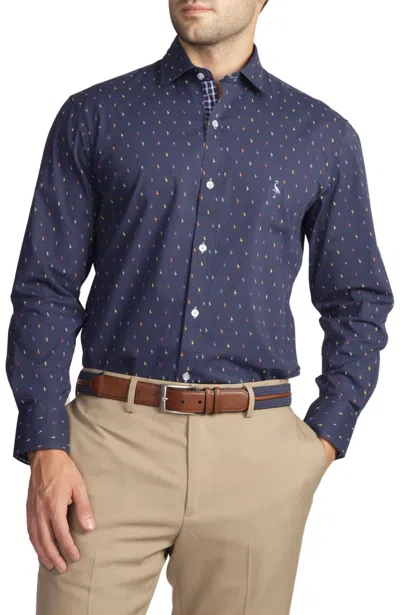 Tailorbyrd Navy Byrd Print Cotton Stretch Long Sleeve Shirt In Blue