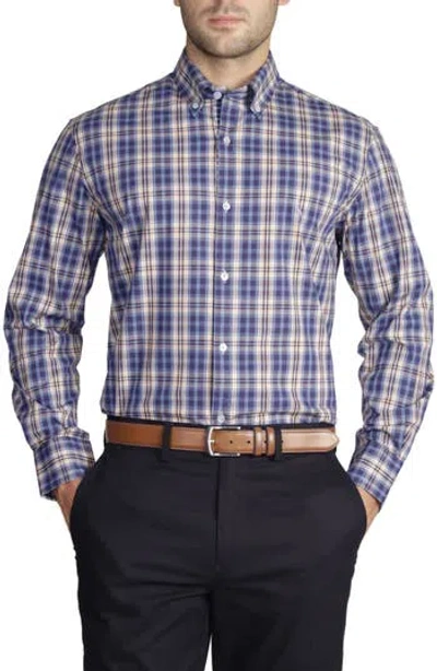 Tailorbyrd Navy Khaki Plaid Long Sleeve Cotton Stretch Button Down Shirt In Blue/khaki