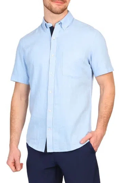 Tailorbyrd Solid Linen Blend Short Sleeve Button-down Shirt In Light Blue