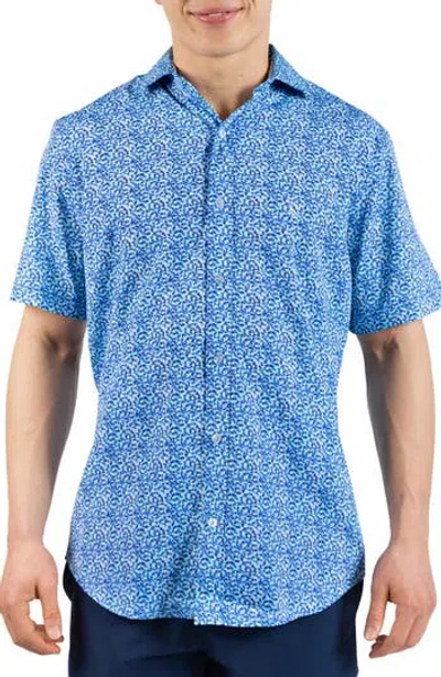 Tailorbyrd Swirling Floral Print Performance Short Sleeve Button-up Shirt In Blue