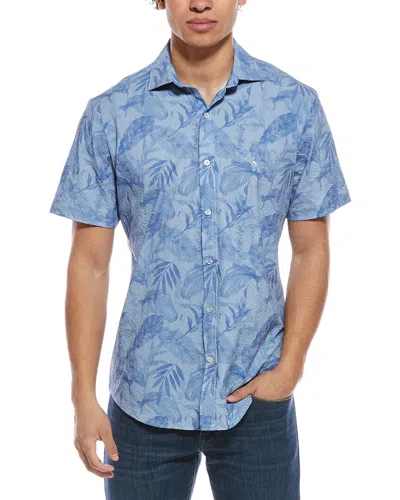 Tailorbyrd Tropical Leaves Printed Seersucker Shirt In Blue