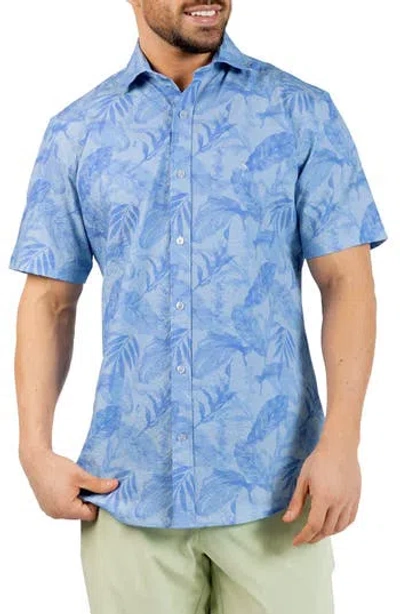 Tailorbyrd Tropical Leaves Short Sleeve Button-up Shirt In Blue